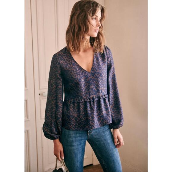 Sezane Tops - Sezane Blanca Blouse Jacquard Leopard Blue Ruffle Dark Feminine Size 34 (US 2)